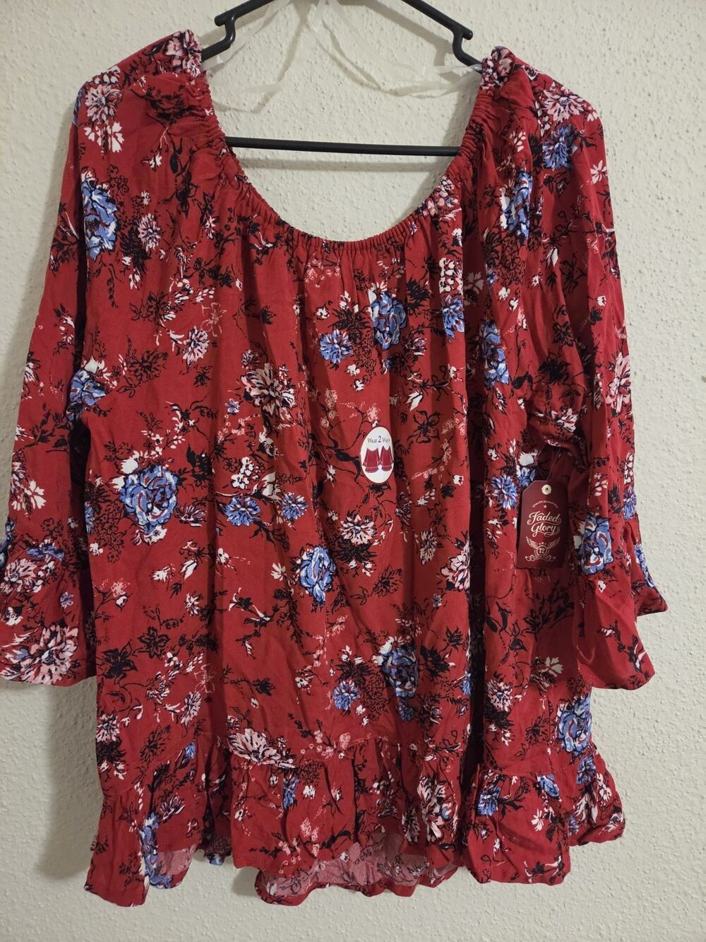 NWT Faded Glory Red Floral Off Shoulder Peplum Top XXL 20 Bell Sleeve 2 Way